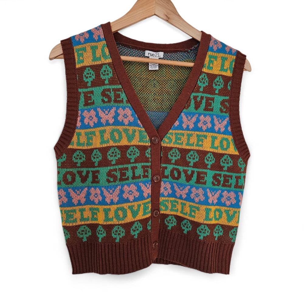 Rue 21 Womens Self Love Mushroom Cropped Multicolor Button-up Sweater Vest Sz S